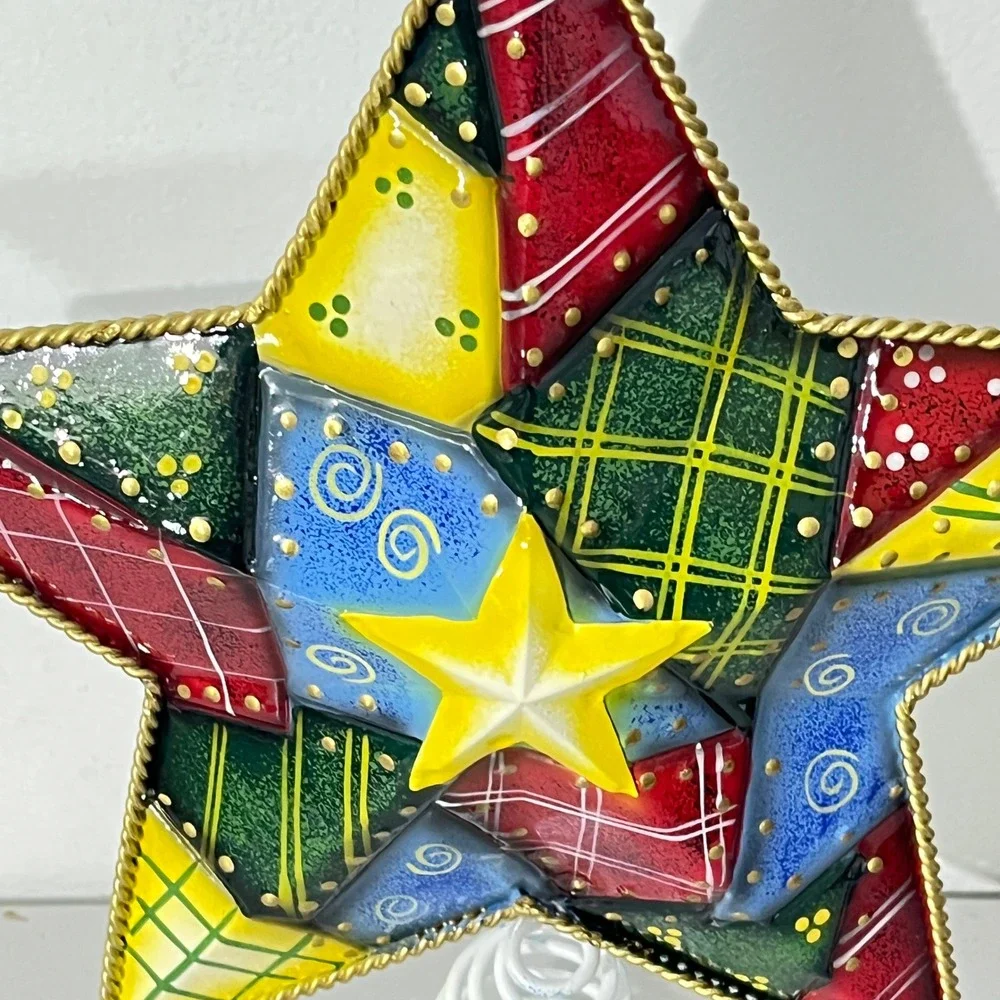 Metal Patchwork Star Christmas Tree Topper OS Multicolor Folk Art Decor